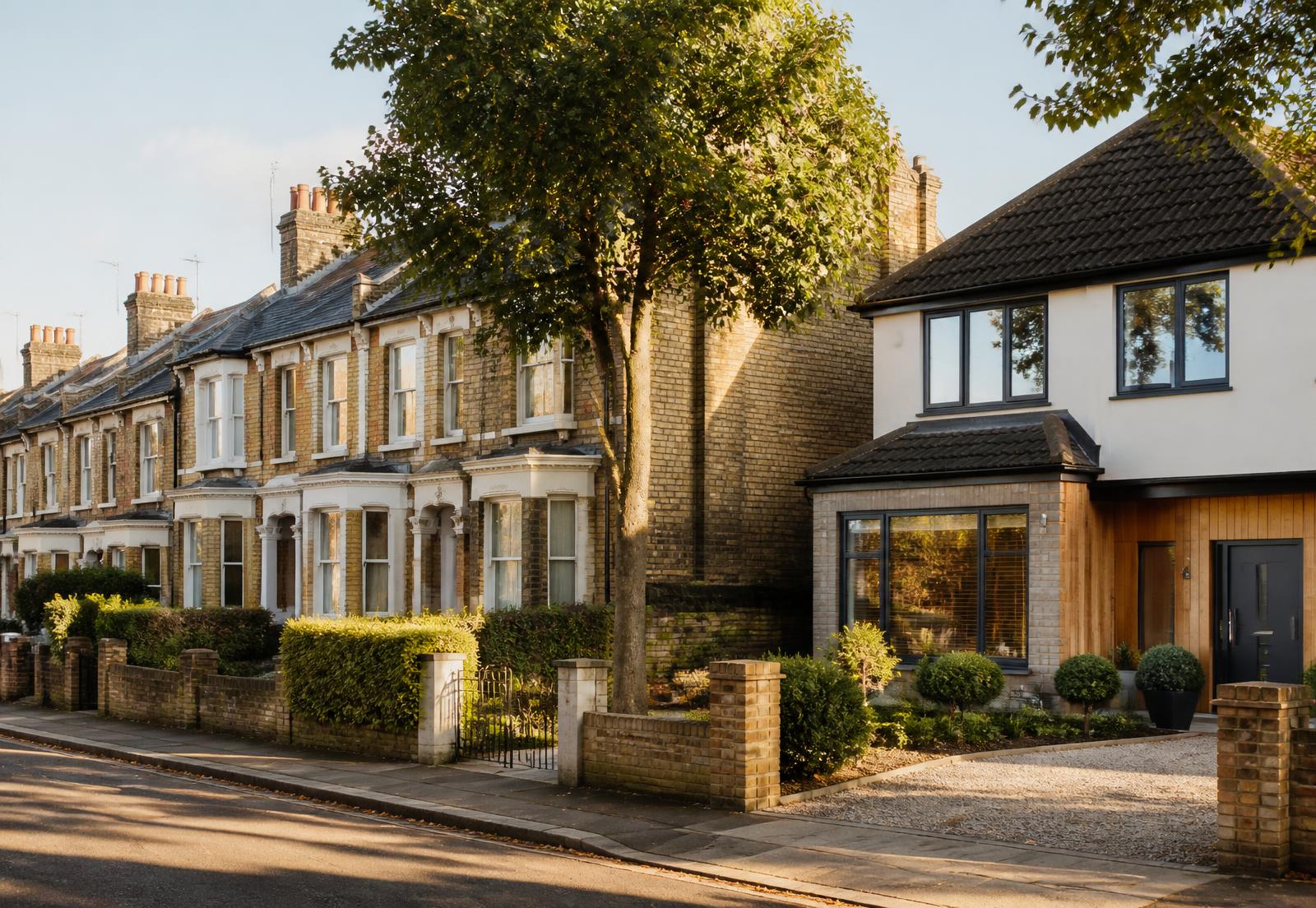 Sunlit British residential street with Victorian terraced houses and a modern home